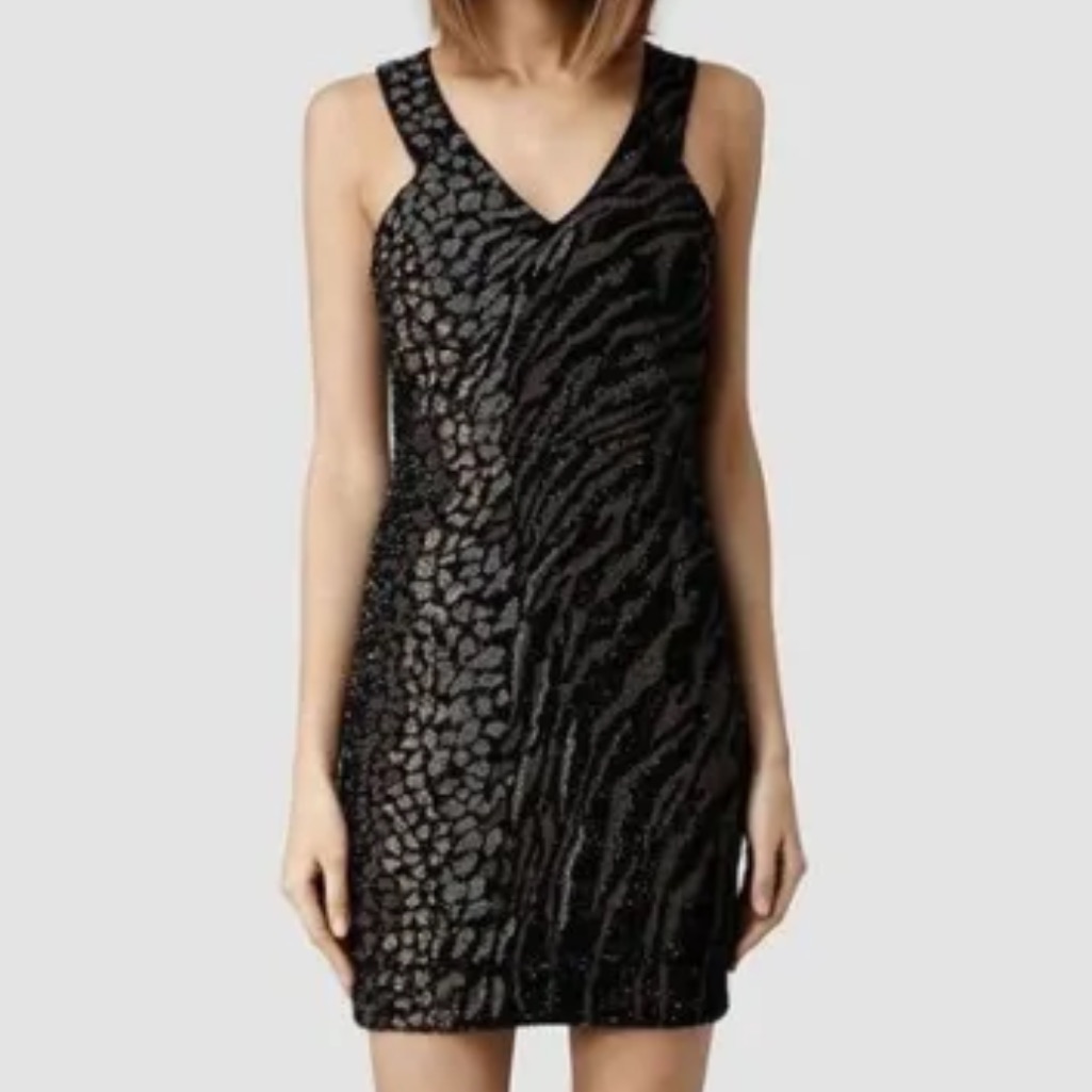 Allsaints Shia Embellished Beaded Zebra Sleeveless V-Neck Mini Dress 6